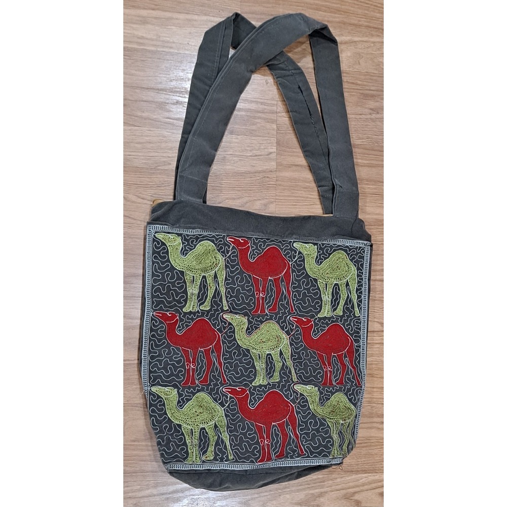 Large Grey Velvet Zippered‎ Tote Bag With Green And Red Embroidered Camels